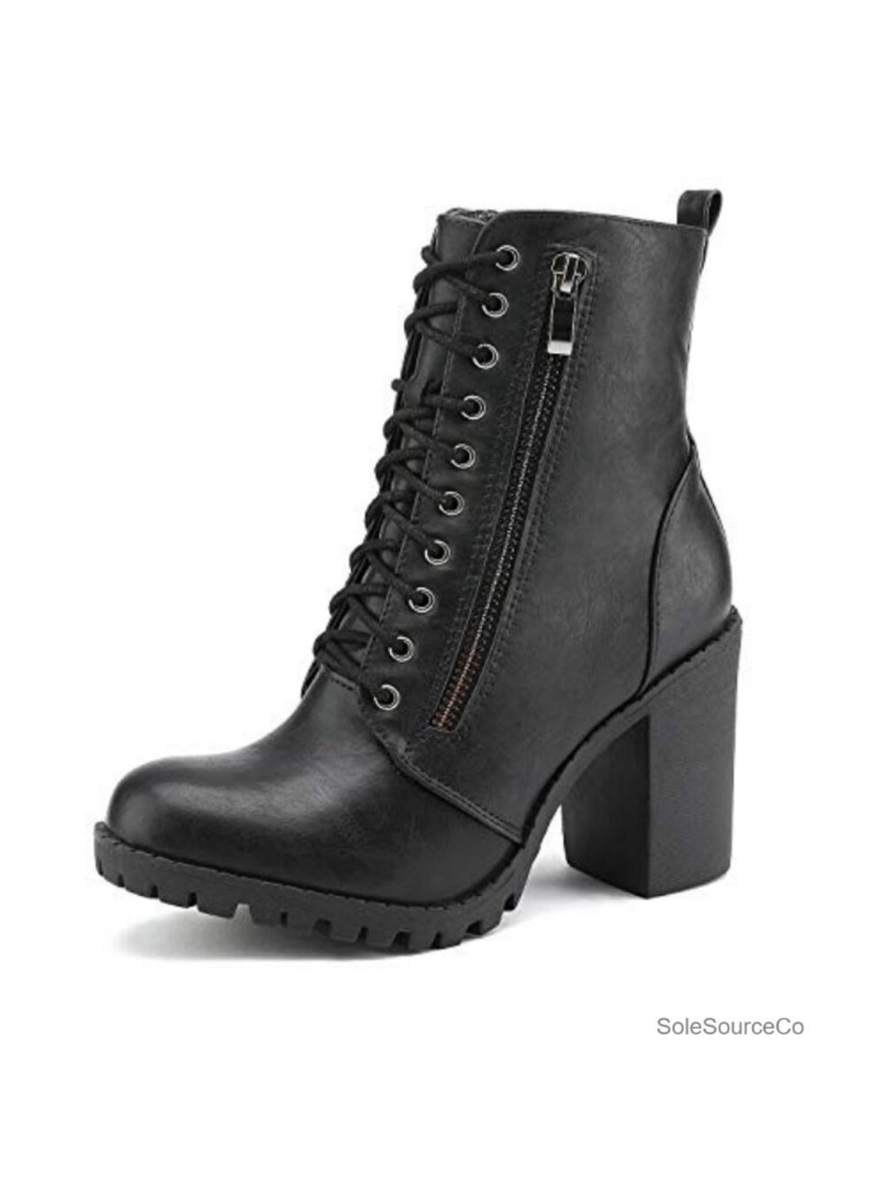 Faux Leather Chunky Heel Lace Up Ankle Booties with Side Zip
